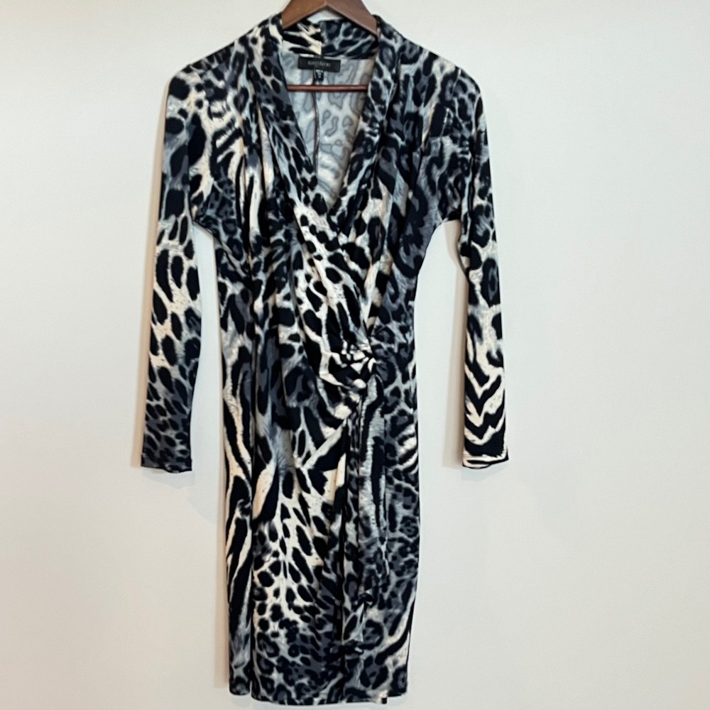 Karen Kane Women's Gray Animal Print Faux Wrap Long Sleeve Dress Size M